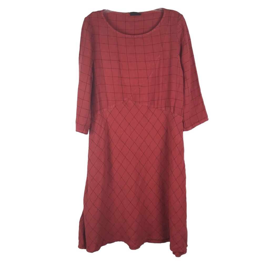 Lisa Bayne Dress Sz XS Lagenlook Oversize Fit Red Grid Print Long Sleeve Pockets
